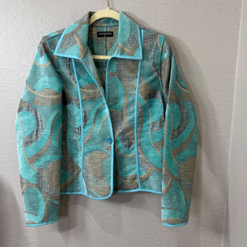 Khangura Jacket Turquoise Gold Abstract Artsy Tapestry Twee Granny Chic Size M